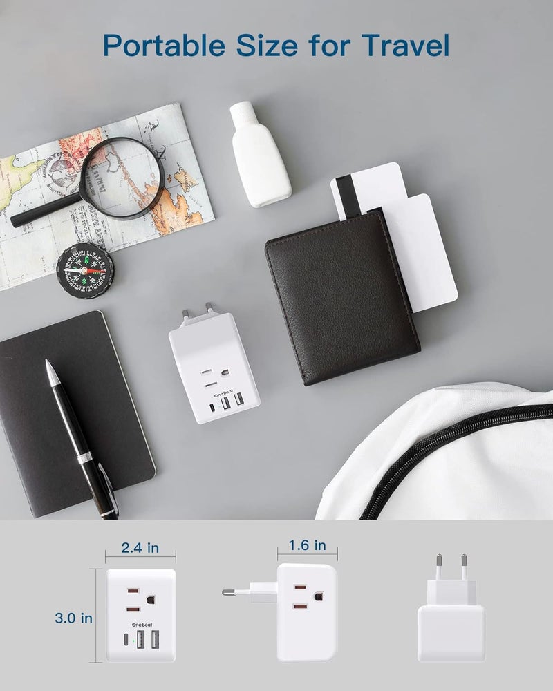 One Beat 2 Pack European Travel Plug Adapter, International Power Plug Adapter with 3 Outlets 3 USB Charging Ports(1 USB C), Type C Plug Adapter Travel Essentials to Most Europe EU Spain Italy France Germany - Image 4